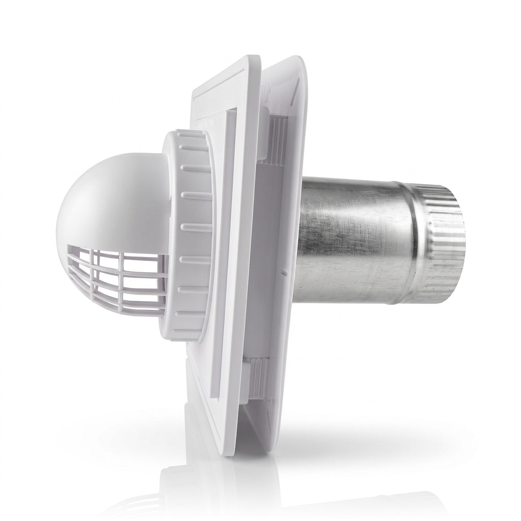 Side view of 8 x 8 wall mount dryer vent assembly with crimped end tube for flexible hose connection