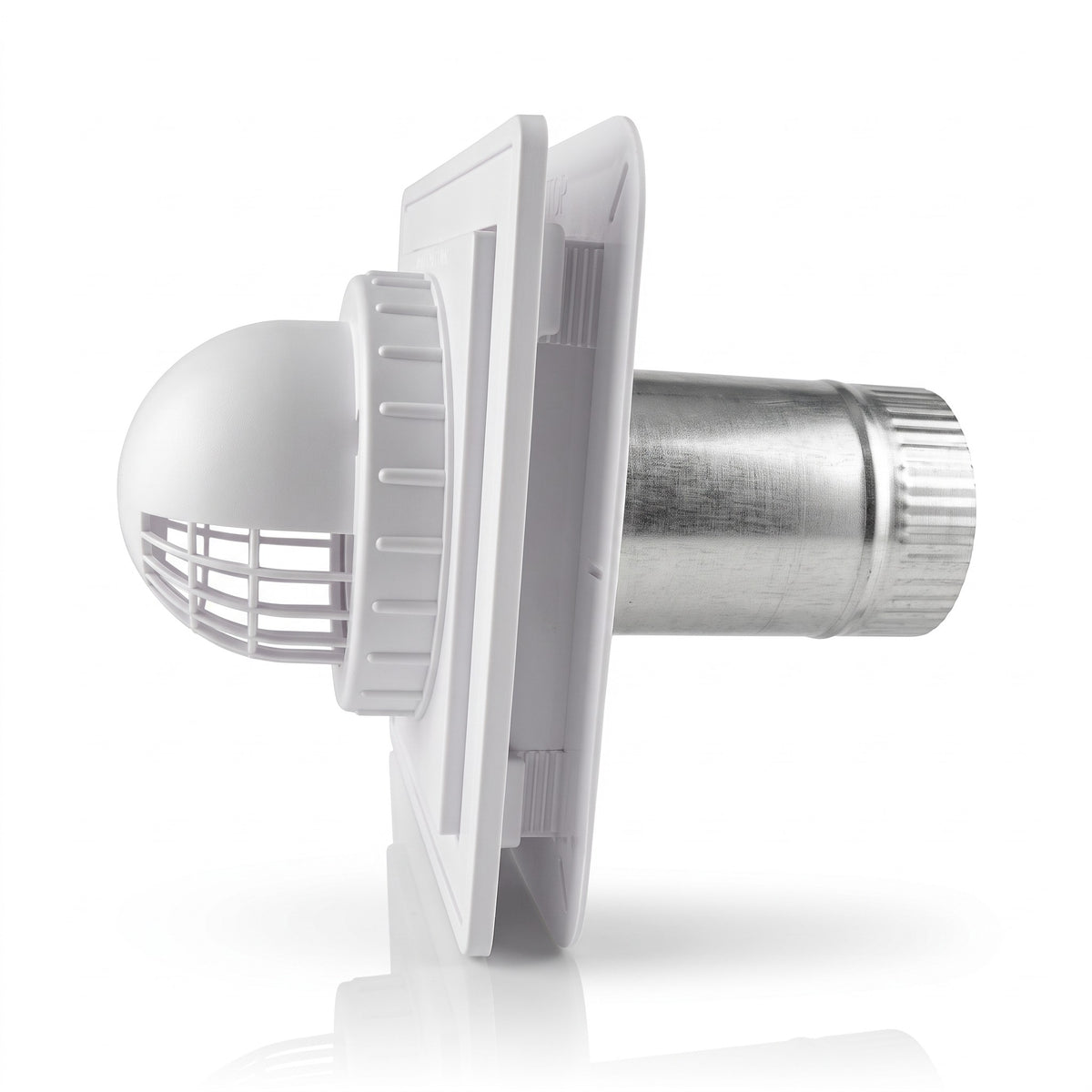 Side view of 8 x 8 wall mount dryer vent assembly with crimped end tube for flexible hose connection